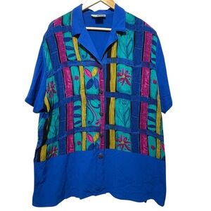 Vintage CM Shapes Womens Tunic Top 2X Blue Abstract Floral Patchwork 90s Artwear